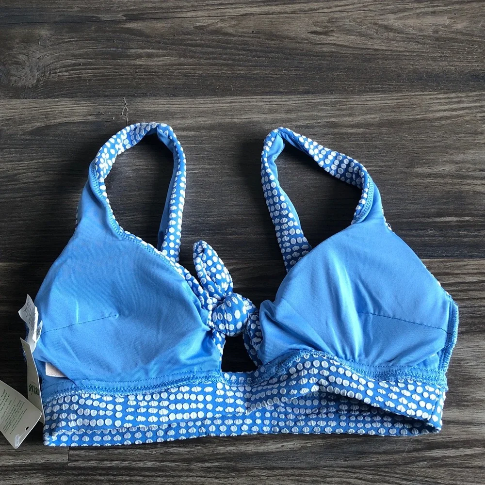 NWT Aerie Scoop Knot Front Bikini Top Blue White Jacquard Polka Dot